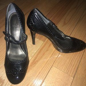 Women's 9M Black Patent Leather Mary Jane Heels - Linea Paulo - Double Strap